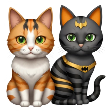 A grey tabby cat with dark grey stripes and green eyes sitting next to a calico cat with orange eyes, calico cat has dark fur around her eye almost like a Batman mask sticker