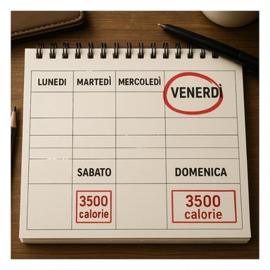 Hyperrealistic top-down view of a weekly calendar in Italian, showing days from Monday to Sunday. Friday is circled in red. Below both Saturday and Sunday, the text '3500 calorie' is highlighted in a red box. The scene has 4K details and a desk atmosphere. sticker