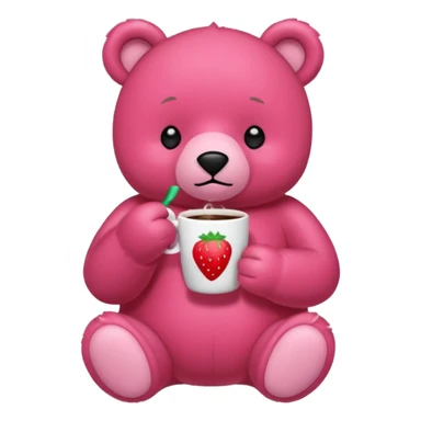 A pink bear is holding a strawberry and drinking coffee with a transparent background in a teenager hand-drawn, 2D, japanese charectors like, style sticker