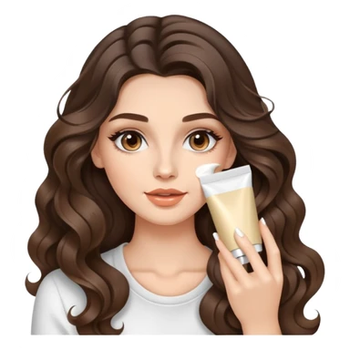 beautiful brunette with a light balayage white girl with nice curls/defined waves, very long hair, clean girl makeup APPLYING A FACE CREAM ON HER FACE sticker
