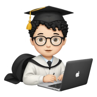 A baby boy DEVELOPER WITH A laptop, black curly hair and topknot, wearing glasses and a mortarboard sticker