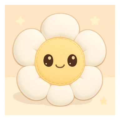 Make the kawaii plush flower with white petals and a yellow center, chubby petals, embroidered details, happy face. sticker