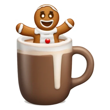 gingerbread man in a mug of hot chocolate wearing a santa hat sticker