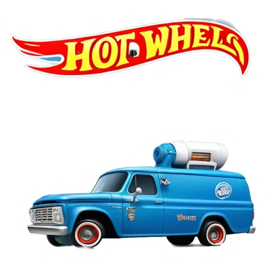 Side-on shot, Hot wheels, Hot rod, large panel van truck,1964 with exposed chrome exhaust pipes, blue, large wheels in back, logo “Stinky’s Diaper Cleaner” sticker
