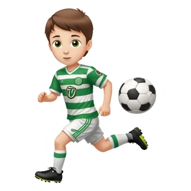 Celtic footballer jersey logo  6 years old brown hair white boy , brown eyes , stripes uniform , RUNNING  with soccer ball # 17 celtic football logo PUT ONLY ONE LOGO ONE CELTIC LOGO ONLY white shorts sticker