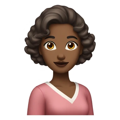 The woman has soft features, fair skin, and almond-shaped eyes. Her defined eyebrows and natural pink lips frame her face. Her dark, wavy hair is partly tied back, giving her an elegant yet relaxed look.  She wears a red V-neck long dress. White skin. sticker