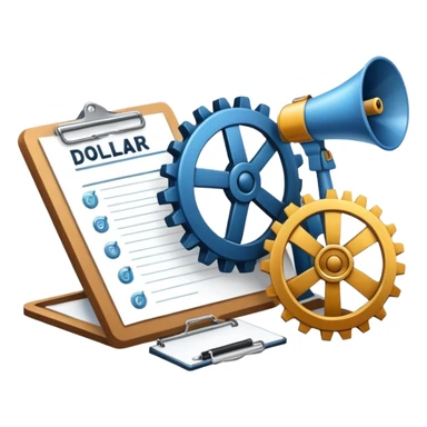 An icon featuring a pie chart, a clipboard, and a megaphone, symbolizing management and marketing. The design includes gears representing strategy and a dollar sign to highlight business growth. Transparent background emphasizes the dynamic world of business leadership and promotion. sticker