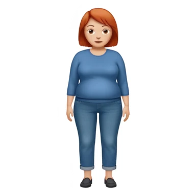 Lazy old Short woman with straight short red hair and fat tummy..wears business casual loose jeans and full sleeve  tshirt. Not smart looking ill fitting clothes sticker