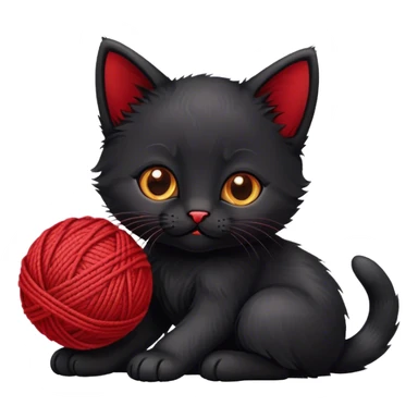 Black kitten playing with a ball of red yarn sticker