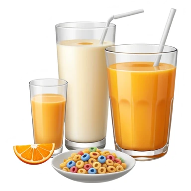 A glass of juice and a bowl with cereals sticker