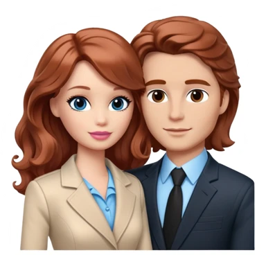 Barbie girl  , eyes blue , Chestnut red long wavy hair In pale beige clothes, Hugs a man with brown hair short haircut, brown eyes , and a black suit sticker