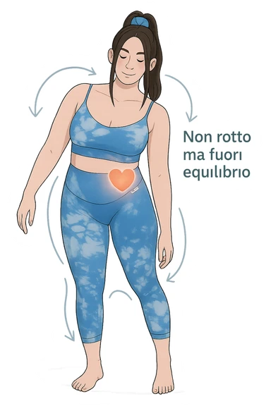 a woman stands in a relaxed pose, with a gentle, confident expression. Her body is shown with subtle, curved lines or arrows indicating areas of imbalance (such as a slight tilt in the shoulders or hips), but no signs of injury or damage. A soft glow or heart symbol at her core emphasizes resilience and the message “Non rotto, ma fuori equilibrio” The background is clean and clinical, with light blue tones. sticker