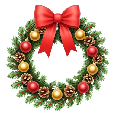 A Christmas wreath made entirely of fir trees, decorated with a single red bow at the bottom, pine cones, and Christmas tree balls. sticker
