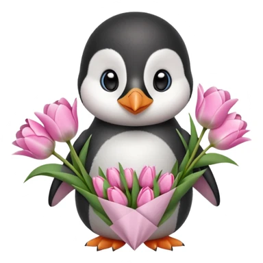 Cute baby penguin holding flower bouquet wraped in white paper and all flowers tulips in pink colour sticker