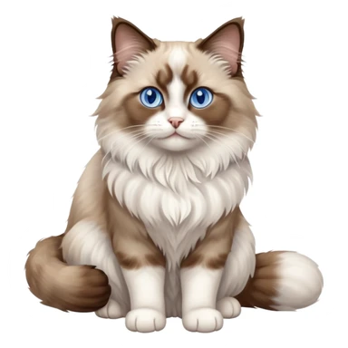 cinematic-[brown and white ragdoll cat]-realistic-full-body-sitting-emoji,-tail-curled-playfully-around-its-paws,-head-tilted-dramatically,-fluffy-[brown and white]-fur,-simplified-yet-realistic-focused-features,-highly-detailed,-glowing-with-an-almost-sarcastic-glow, with blue eyes sticker