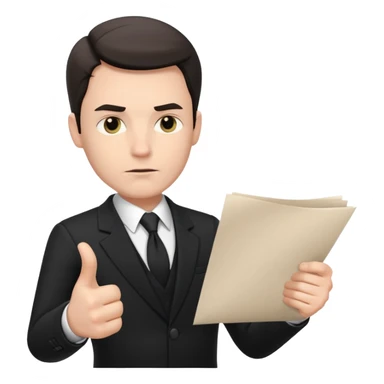 A white man in a black suit stands with a serious face and points at his hand holding papers. sticker