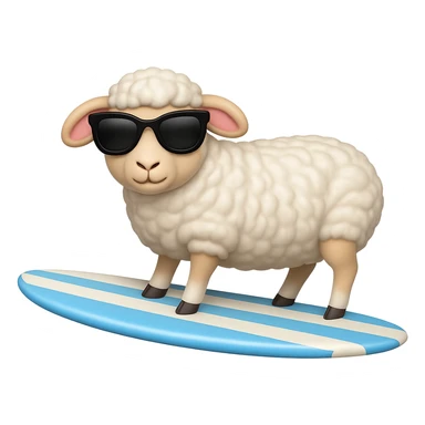 Add cool sunglasses to the sheep while keeping the surfboard and style the same. Remove the background. The style is the original style of the image. sticker