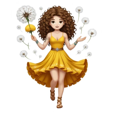 full body woman long curly brown hair brown eyes white skin tattoos muscular build dandelion seed spirit dress made of floating fluff sticker