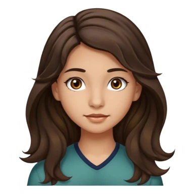 Create a emoji of a girl teen (14 years old) with dark brown hair and a little bit lighter brown in the end of the hair (but mixed) and waves in the hair, very long hair, with MEDIUM FAIR TO OLIVE skin tone, dark brown eyes, perfect nose, long eyelashes sticker