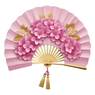 Japanese style pink hydrangea (ajisai) flower arranged like traditional uchiwa fan design, with gold accents, rinpa style pattern background, elegant composition sticker