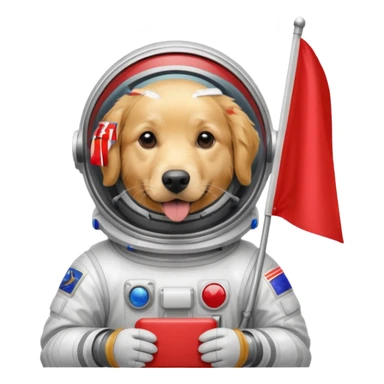 golden retriever body in space suit holding red rectangle flag sticker