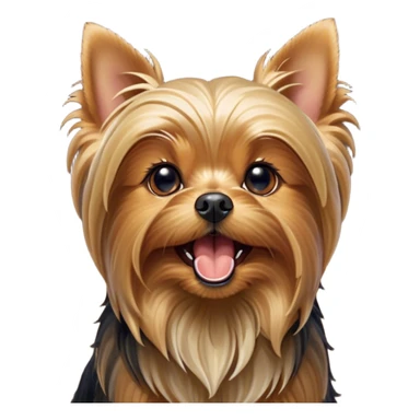 Cinematic Cute Yawning Yorkshire Terrier Portrait Emoji, Head tilted with a playful, drowsy expression and droopy, adorable eyes, featuring a soft, well-groomed fur in rich hues, simplified yet irresistibly endearing, highly detailed, glowing with a warm, cozy radiance, high shine, exuding a relaxed yet spunky charm, styled with a gentle, soft glowing outline, capturing the essence of a Yorkshire Terrier mid-yawn that seems as if it could cuddle right off the screen! sticker