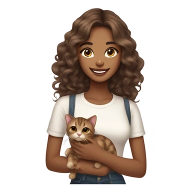 "Young woman with medium brown skin tone, long wavy hair, big sparkling eyes, a radiant smile, wearing a stylish outfit, holding a cute cat, and looking very beautiful and adorable." sticker