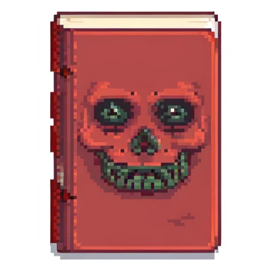 red cursed book with a sinister face pixel art sticker