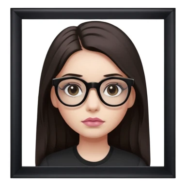 A Girl with dark straight long hair, divided in the middle hairstyle. white skin, black coloured eyes, wearing a black shirt and a tortoise framed glasses. Her mounth is light old pink. sticker