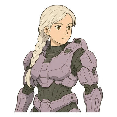 female, wearing reach spartan armor default, long white braid hair, gold yellow eyes, attention pose, halo series, no helmet, the armor is lavender color scheme and has no shoulder pad attachments. DDD bust size fitting sticker