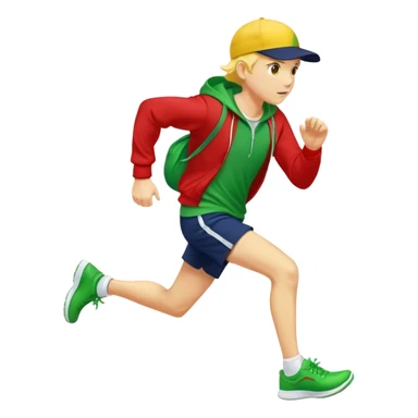 A yellow-skinned person running with a navy ballcap, red hoodie, white shorts, and green shoes sticker