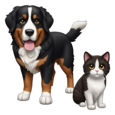 Bernese dog next to A brown and black cat without white sticker