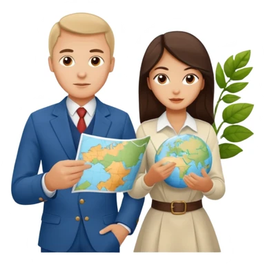 Russian man and elegant turkish girl in cute outfits with a map planning plants sticker