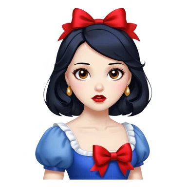 Cinematic Elegant Snow White Portrait Emoji, rendered in a realistic, vector-style with minimal shading and bold, simplified shapes. Depict Snow White (chest and above) with flawless porcelain skin, expressive deep brown eyes, and lustrous raven hair neatly styled with a red bow, wearing her classic blue and gold dress. The image glows with a soft, pure radiance and high shine, capturing timeless beauty and gentle grace. sticker