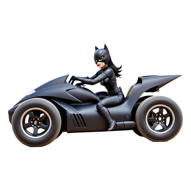Rc toy with aerodynamic sexy fenders on Catwoman’s buxom attractive armored midnight-colored tight outfit from tv series style dark knight movie stealthy accurate sporty safe deluxe off-road fast pursuit prototype concept car (black hair, sitting back but driving aggressively) secret rally car sticker