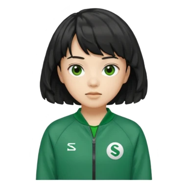 Sae-byeok from Squid Game, black wavy bob haircut with brief fringe, green tracksuit, 067 on chest, simple character emoji sticker