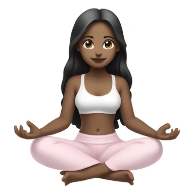 Girl with black long hair and white skin and brown eyes, meditates in a relaxed lotus position in a comfortable monochrome white bra top and monochrome pink short skirt sticker