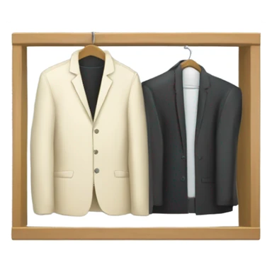 Design an emoji-style icon of an open wardrobe with clothes hanging inside. Include details like a wooden frame, hangers, and only black or white different clothing items such as shirts or any other clothing . Use a clean and minimalistic design. sticker