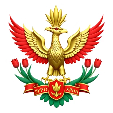 Sebuah logo 3D dengan tulisan nama SPD, bagian tengah lingkaran terdapat lambang burung garuda lengkap padi dan kapas, warna emas perak mengkilap dan bercahaya, latar belakang merah putih dan terang, tulisan profesional, berkualitas tinggi, timbul dan fituristik, HD 16K sticker