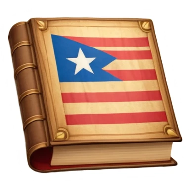 Ancient book with Puerto Rican flag on leather cover, theater curtain symbol carved in wood, warm vintage parchment textures, soft golden glow representing timelessness and theatrical heritage sticker