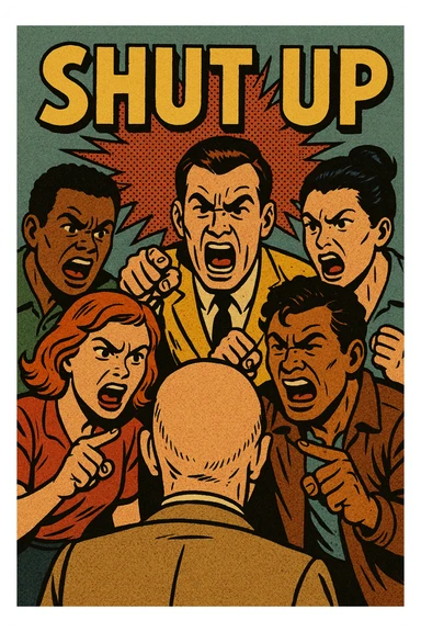 a group of diverse characters shouting at a bald man, exaggerated comic style, bold outlines, dynamic poses, text 'shut up' in the scene sticker