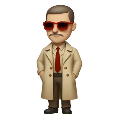 1930s investigator, a Caucasian man with short, buzz cut dark hair and a rough beard, wears tiny red-tinted sunglasses and a dirty beige trench lab coat. He has a serious demeanor. sticker