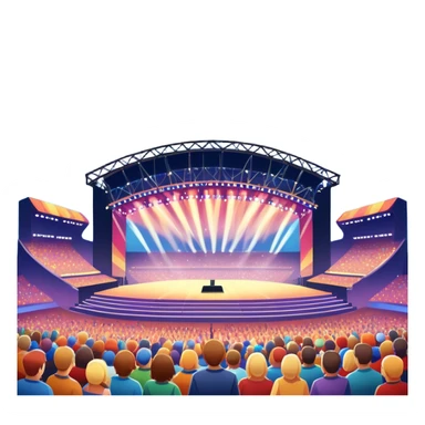 An icon showing a stadium stage with a concert in full swing, bright stage lights illuminating the performers, and fireworks bursting in the sky. The excitement of the crowd is palpable, symbolizing a love for live music and unforgettable shows. transparent background. sticker
