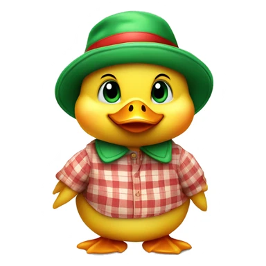 cute fluffy chubby baby duck with hand and wear green hat and red checkered shirt sticker