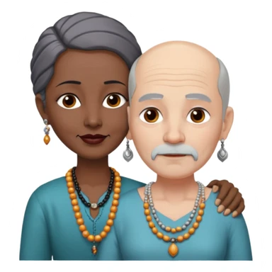I want an old man with balding and grey beard grey hairs and a woman in her 40s with dark black hair parted in indian woman style wearing a beads chain passionate embrace sticker