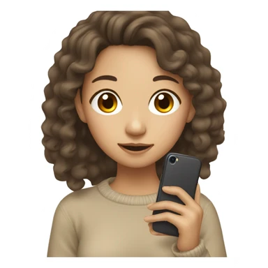 asian girl with long brown curly hair wearing beige pullover using phone sticker