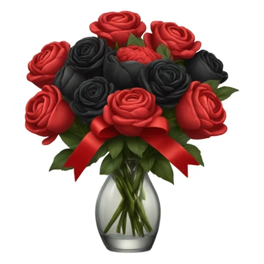 bouquet of black roses and red peonies tied with a red ribbon in a glass vase sticker