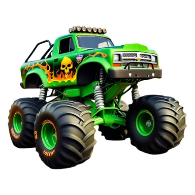 Grave Digger - Monster Jam (Model Year: 2022) (Iconic colour: Green with flames) - A legendary monster truck with a fearsome design: predominantly deep green with dynamic, vibrant flame graphics in bright orange and yellow. Highlight its rough, edgy bodywork and an aura of untamed rebellion. sticker
