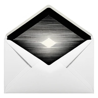 Open envelope + blank card, ink engraving, stipple + crosshatch ONLY (no smooth shading), pure black on pure white, high contrast, razor lines, chiaroscuro rays, tiny #fbcfe8 glow highlights --ar 16:9 --style raw --s 25 --no 3d render, gradient, soft shading, gray, shadow, text sticker