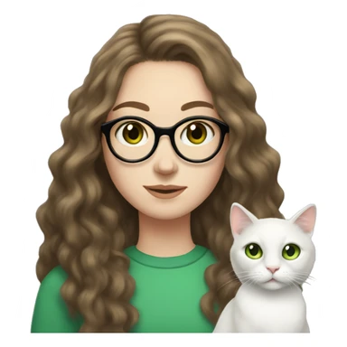 long haired brunette white girl with freckles and round glasses holding a white cat with green eyes sticker